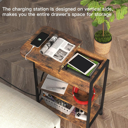 End Table with Charging Station, Flip Top Side Table with USB Ports and Outlets, Nightstand for Small Spaces, Bedside Tables with Storage Shelf for Living Room, Bedroom, Brown