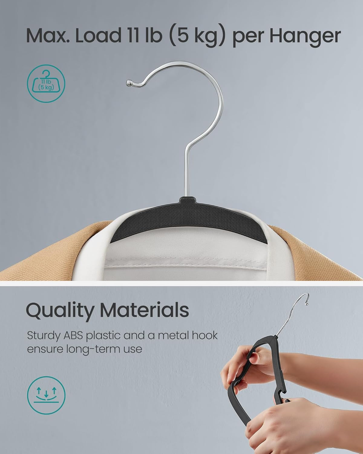 Clothes Hangers 50 Pack, Heavy-Duty Plastic Hangers, Coat Hangers with Wide Shoulder Notches, Pant Bar, 360° Swivel Hook, Space-Saving, 16.4 Inches, for Closet, Ink Black UCRP060B01