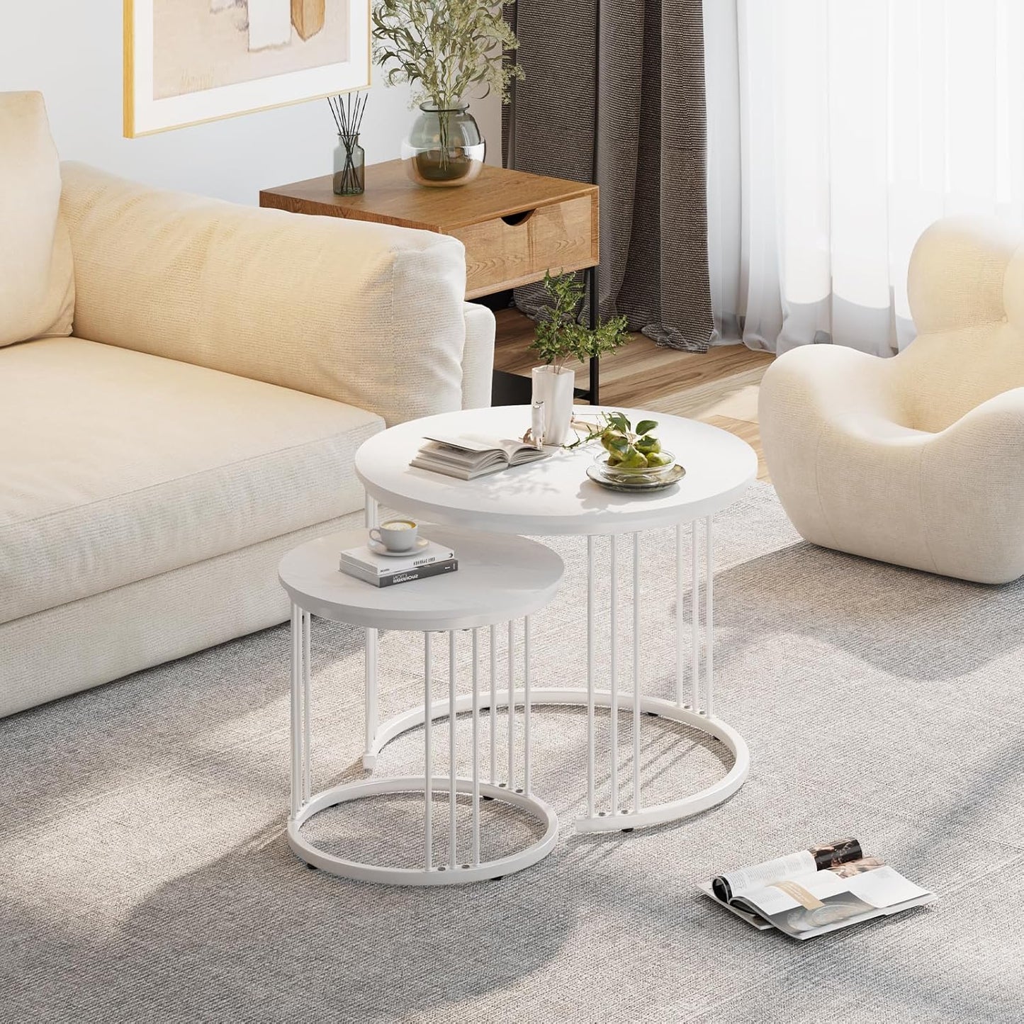 Nesting Coffee Table, 23.6" round Coffee Table Set of 2, Wooden Nesting Table with Metal Frame, Ceter Tables for Living Room Bedroom Balcony, White