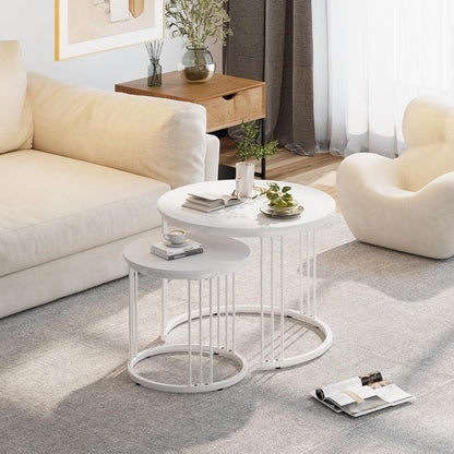 Nesting Coffee Table, 23.6" round Coffee Table Set of 2, Wooden Nesting Table with Metal Frame, Ceter Tables for Living Room Bedroom Balcony, White