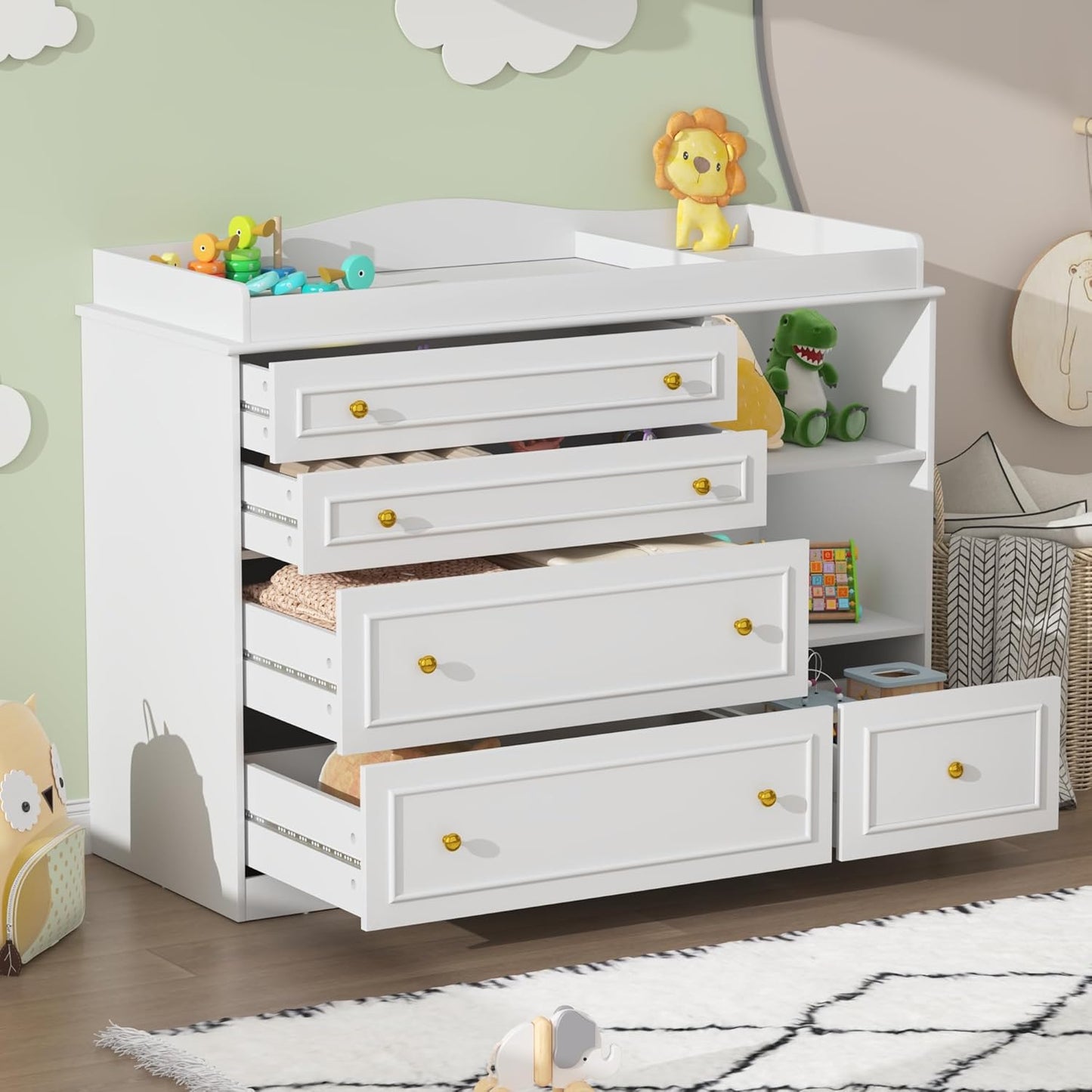 White Changing Table Dresser, Baby Nursery Dresser, Baby Diaper Changing Table, 5 Drawers, Adjustable Shelves, Metal Handle, Curved Wrapping Design, White