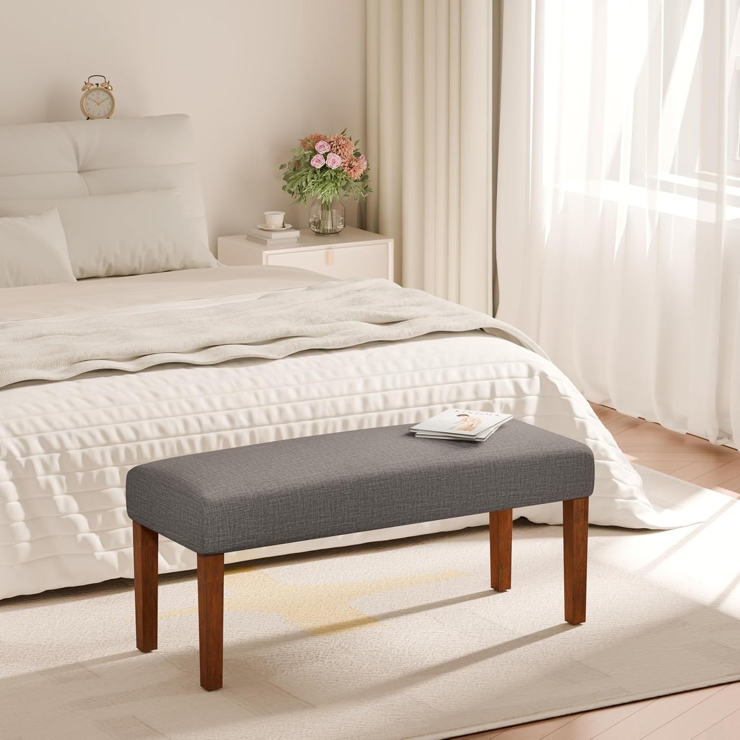 Bench for Bedroom End of Bed, 44 Inch Entryway Bench for Living Room, Dining Bench with Padded Seat and Solid Wood Leg for Kitchen, Indoor and Hallway (Brown)