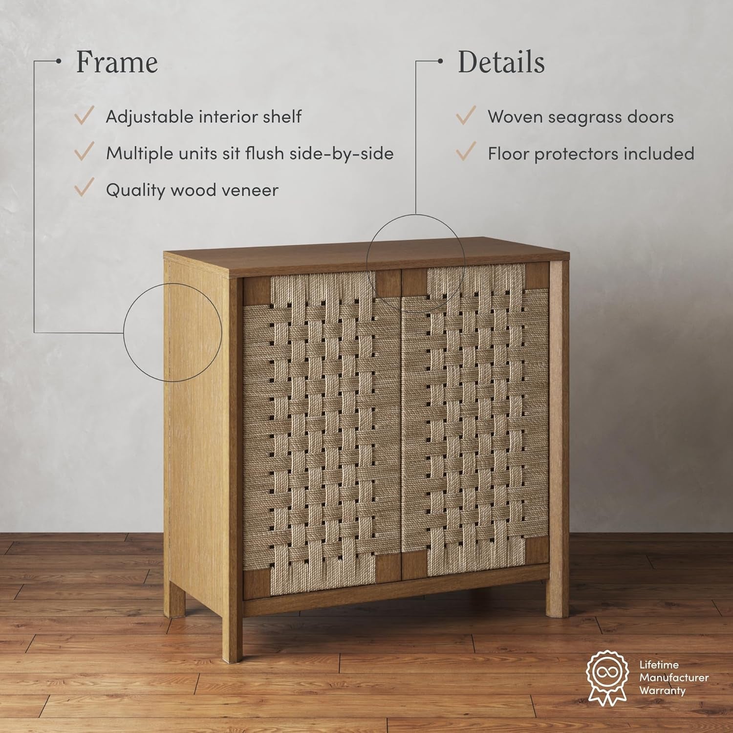 Aerie Rustic Wood Cabinet, Boho Living Room Storage Cabinet with Seagrass Door Panels and Solid Wood Legs, Light Brown