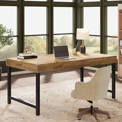 55" Industrial Executive Desk for Home Office, Rustic Simple Computer Laptop Desk with Strong Metal Legs, Study Writing Table Business Workstation, Small Conference Table