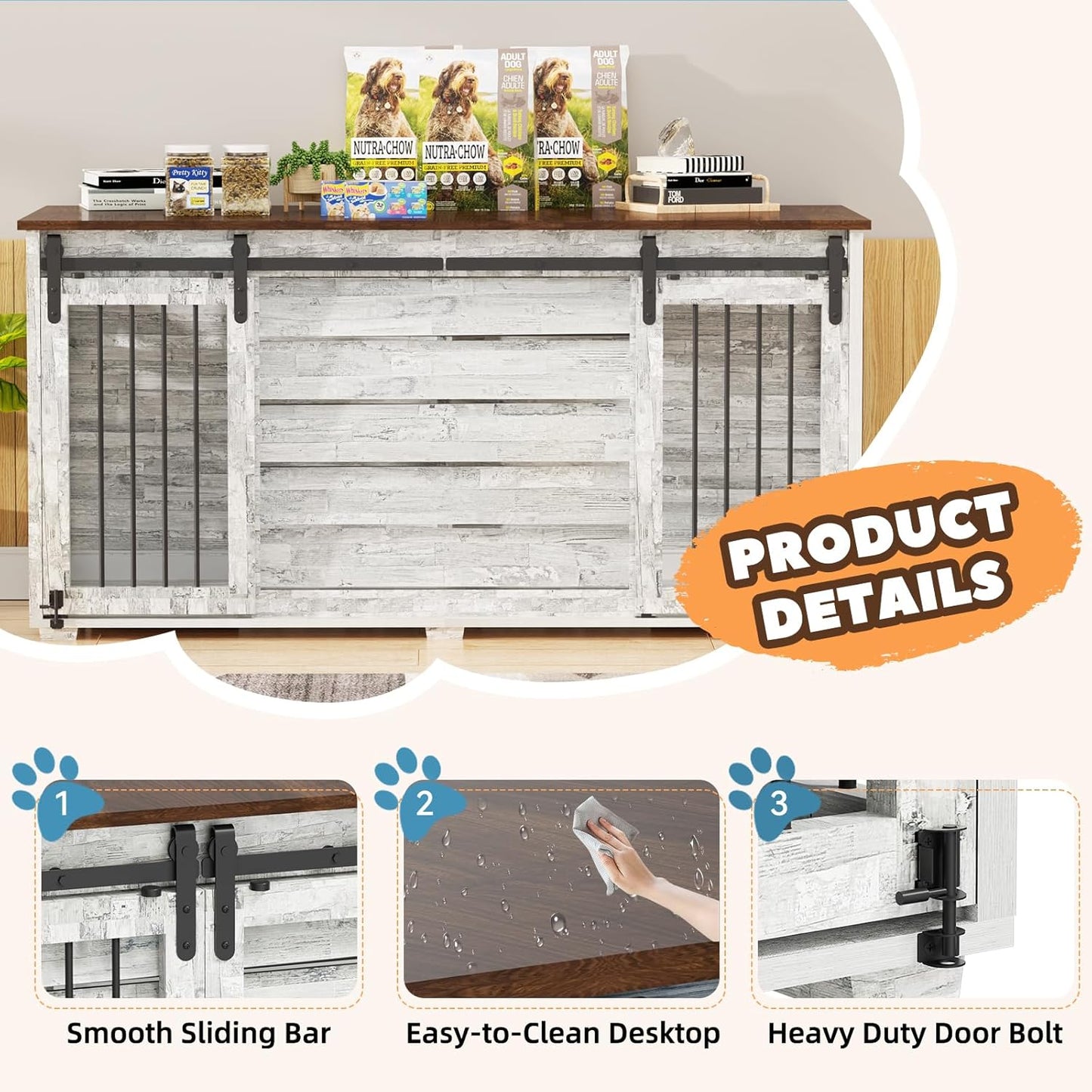 Dog Crate Furniture, 63''Wooden Dog Kennel with Removable Divider and Sliding Door, Dog Crates with Double Rooms, Heavy Duty Dog Crate Table Indoor TV Stand for Small Medium Large Dogs