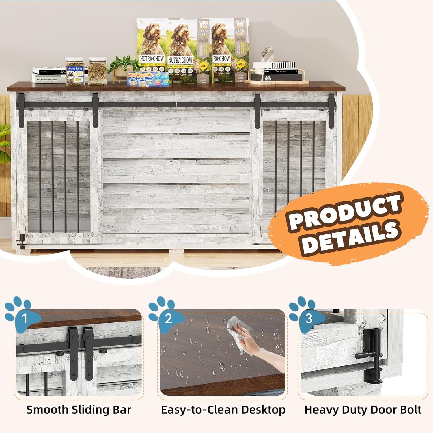 Dog Crate Furniture, 63''Wooden Dog Kennel with Removable Divider and Sliding Door, Dog Crates with Double Rooms, Heavy Duty Dog Crate Table Indoor TV Stand for Small Medium Large Dogs