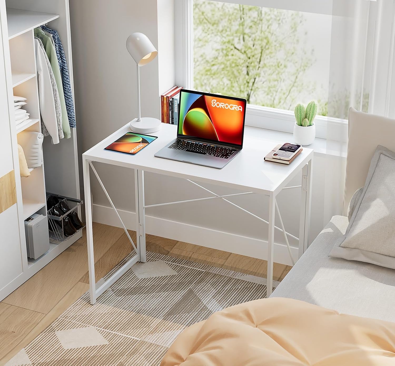Folding Desk 31.5 Inch Foldable Small Portable Computer Desks, Spaces Saving Writing Sturdy Table for Bedroom, Home Office, Dorm, Apartment, Pre Assembled, White