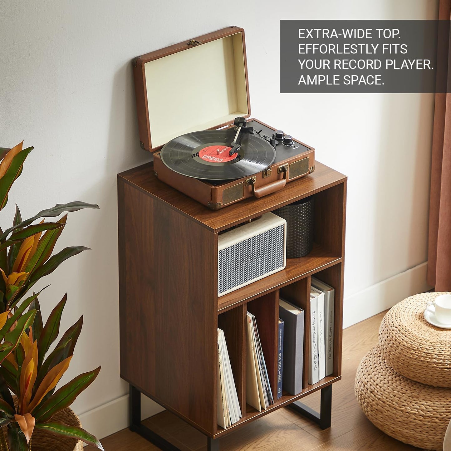 Record Player Stand with Vinyl Storage Cabinet, Turntable Table for Albums & Lps - Modern Media Console | Furniture for Living Room, Bedroom & Office | Dark Walnut