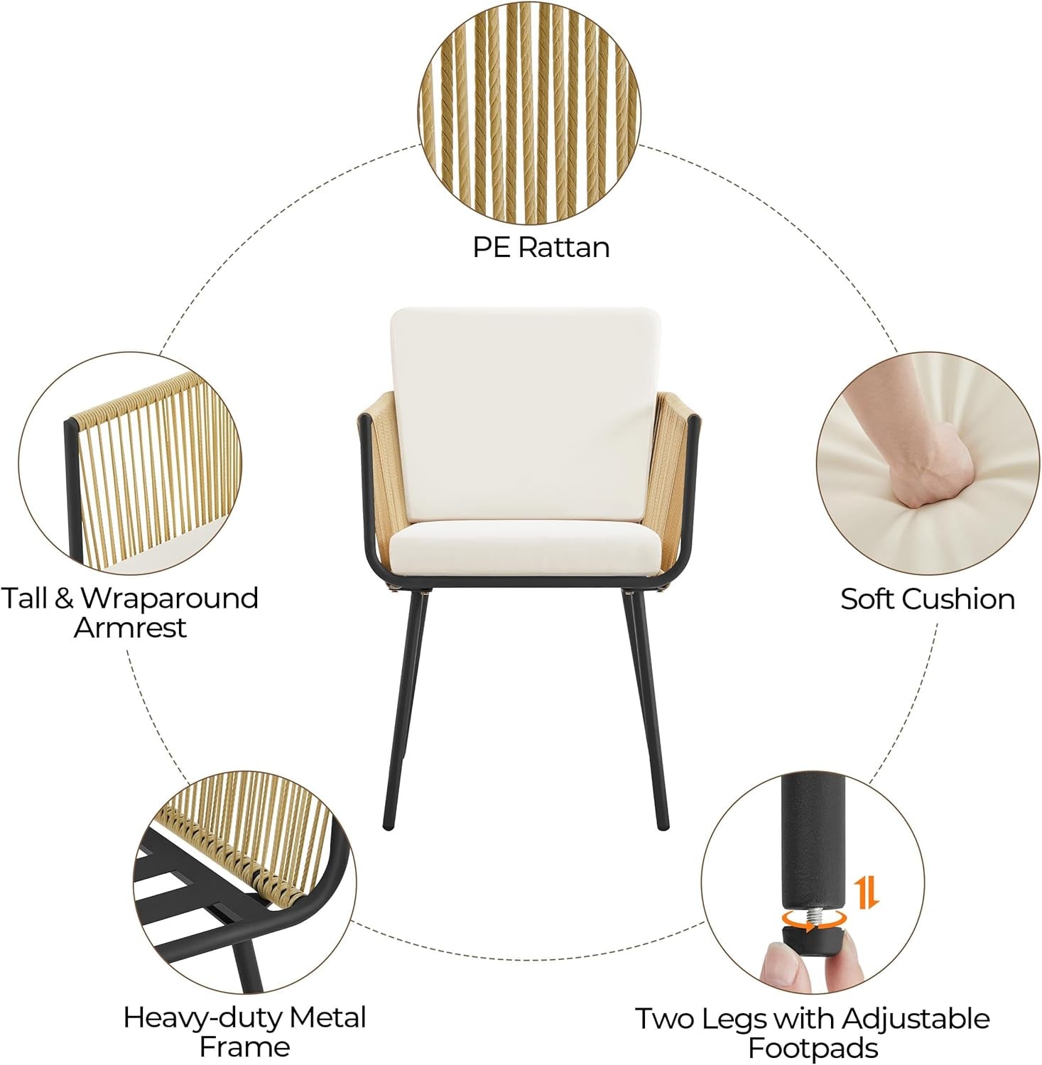 3 Piece Patio Rattan Bistro Set, Outdoor All Weather PE Wicker Conversation Furniture Set with 2 Chairs & Tempered Glass Top Table & Cushions, for Poolside/Porch/Garden/Yard, Tan/Cream