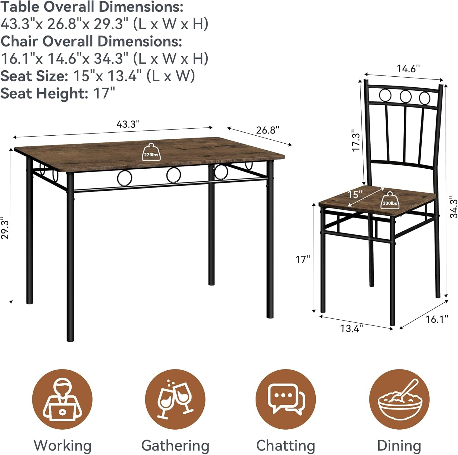 Dining Table Set for 4, 5-Piece Kitchen Table and Chairs, Rectangular Dining Room Table Set with 4 Chairs, Space-Saving Kitchen Table Set for Small Space,Dinette,Apartment,Retro Brown