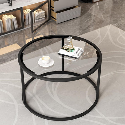 Round Coffee Table,Small Black Coffee Table for Living Room,27" Modern Center Table,Glass Top Clear Coffee Table with Sturdy Metal Frame for for Living Room Home Office, Easy Assembly,Black