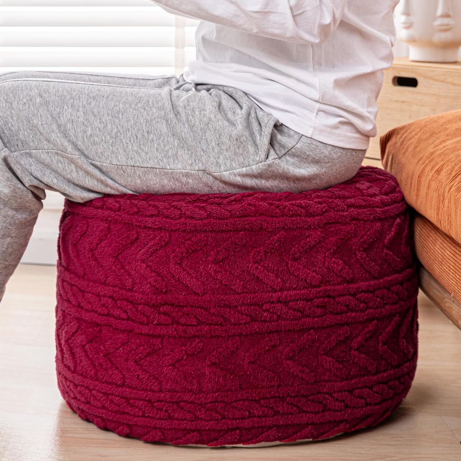 Boucle Pouf Ottoman and Foot Rest 20 X 20 X 14 Inches Floor Pouf Foot Stool Home Decor for Couch Sofa Bean Bag Chairs Red Wine