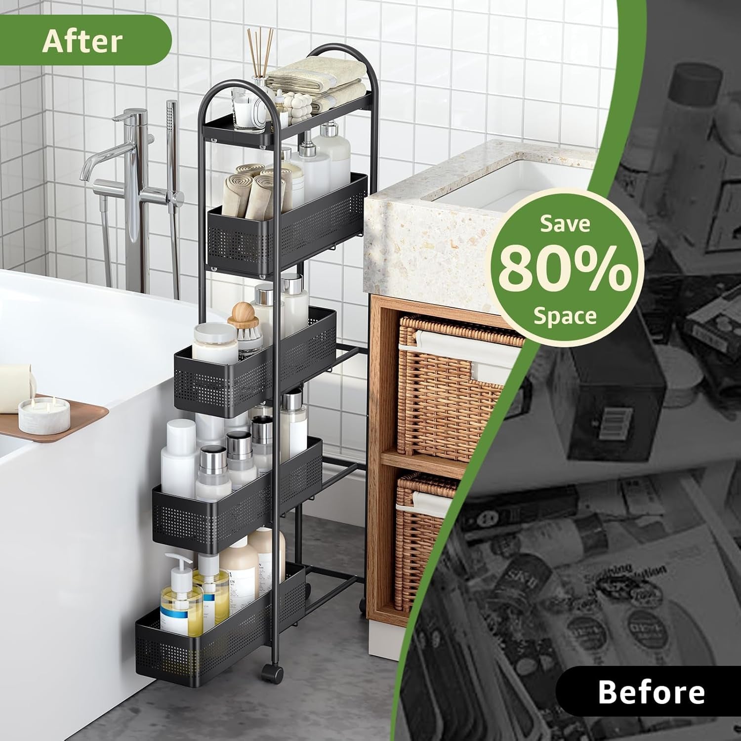 5-Tier Slim Storage Cart with Pull Out Basket, Rolling Bathroom Organizer Utility, Metal Shelving Unit Slide Out, Lockable Wheels, Easy Assembly for Narrow Place, Kitchen, Laundry Room, Black