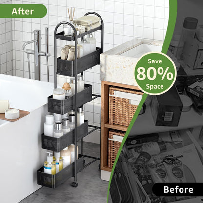 5-Tier Slim Storage Cart with Pull Out Basket, Rolling Bathroom Organizer Utility, Metal Shelving Unit Slide Out, Lockable Wheels, Easy Assembly for Narrow Place, Kitchen, Laundry Room, Black