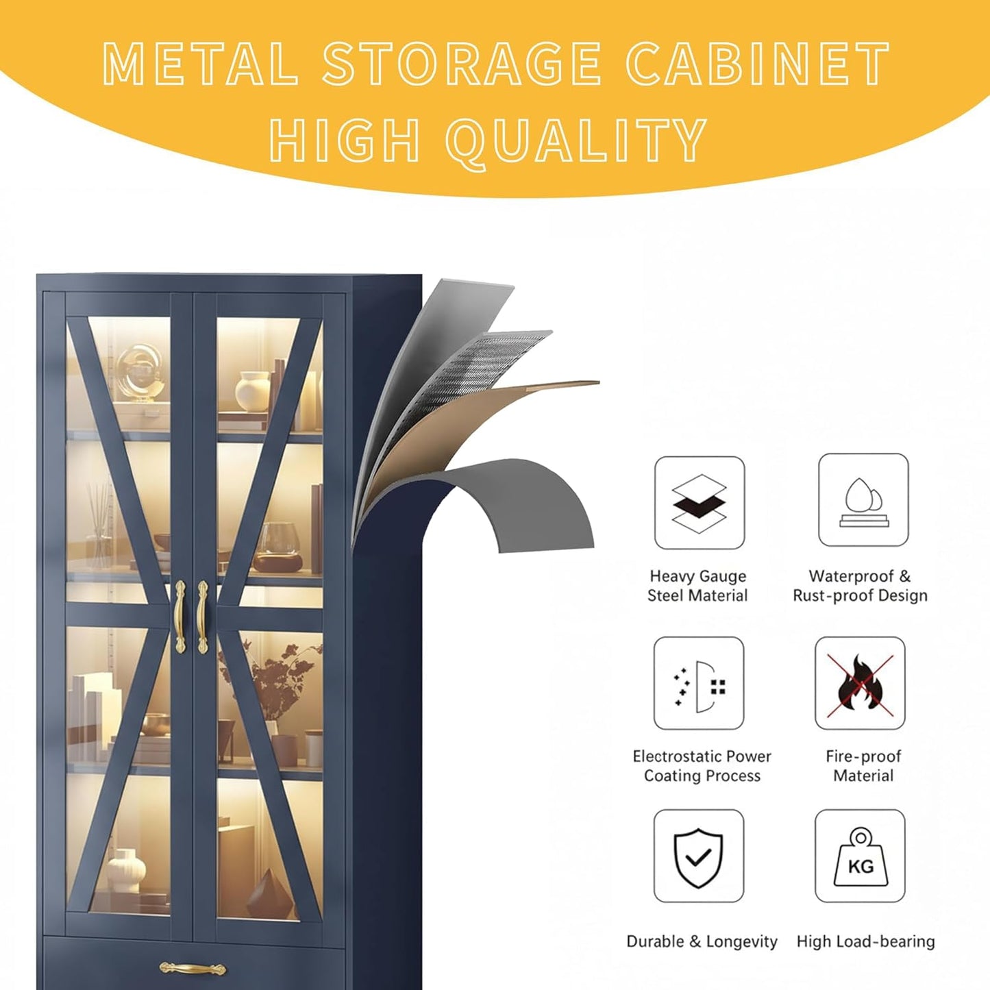 Display Cabinet with LED Lights, 61" Metal Display Case with Glass Barn Doors for Collectibles, Organizer Cabinet with 3 Adjustable Shelves and Drawer for Living Bedroom, Office, Navy Blue