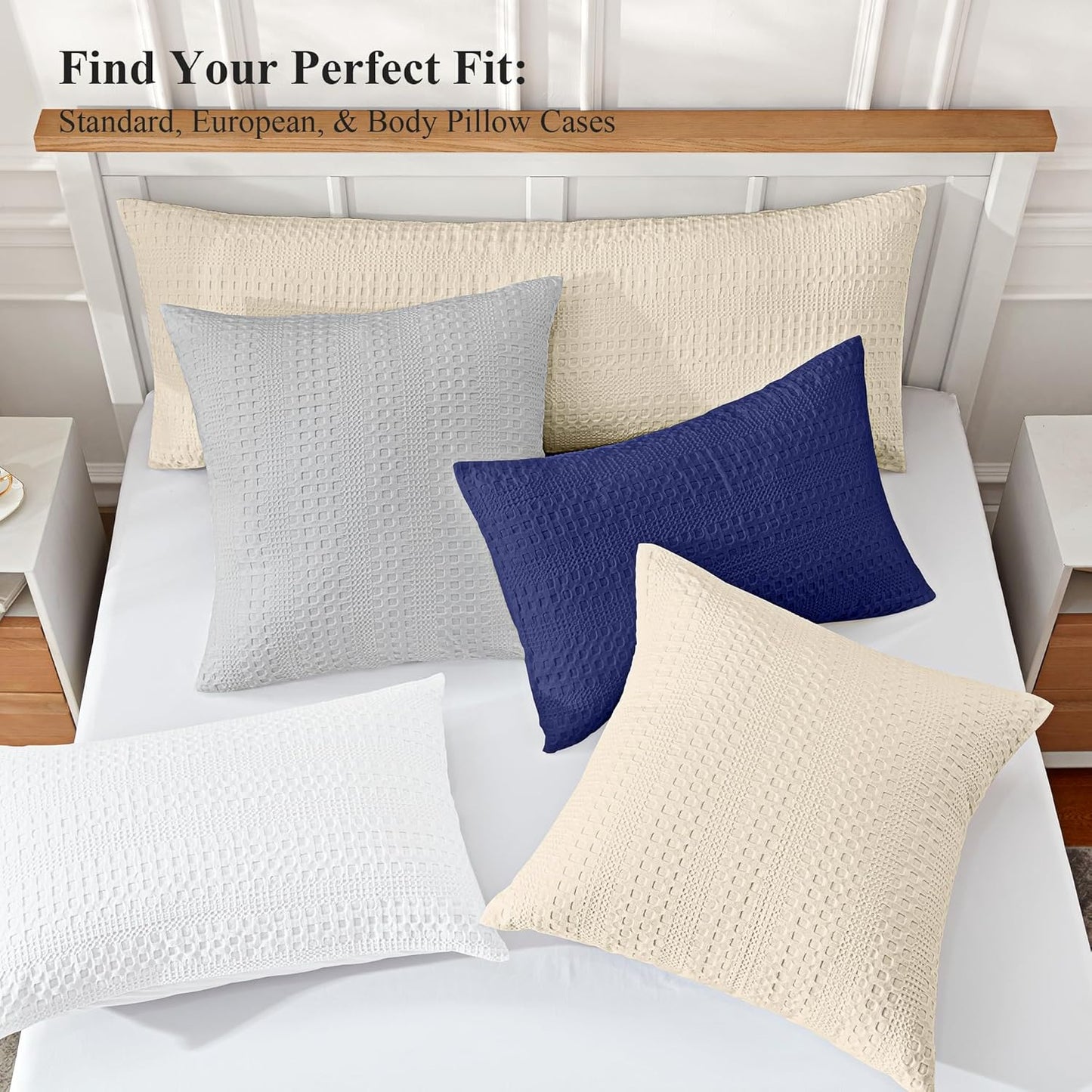 100% Coton Waffle King Size Pillow Cases Set of 2, Soft Aesthetic Pillow Shams Covers 2 Pack, Breathable Decorative Pillowcases without Inserts, 20 X 36 Inches Beige