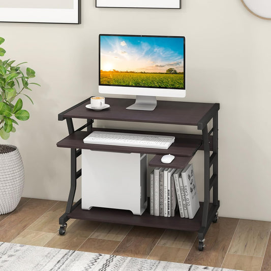 Mobile Computer Desk with Keyboard Tray, Portable Small Rolling Desk with Mouse Tray & Bottom Storage Shelf, Rolling Laptop PC Desk Cart with Lockable Wheels for Small Space (Brown)