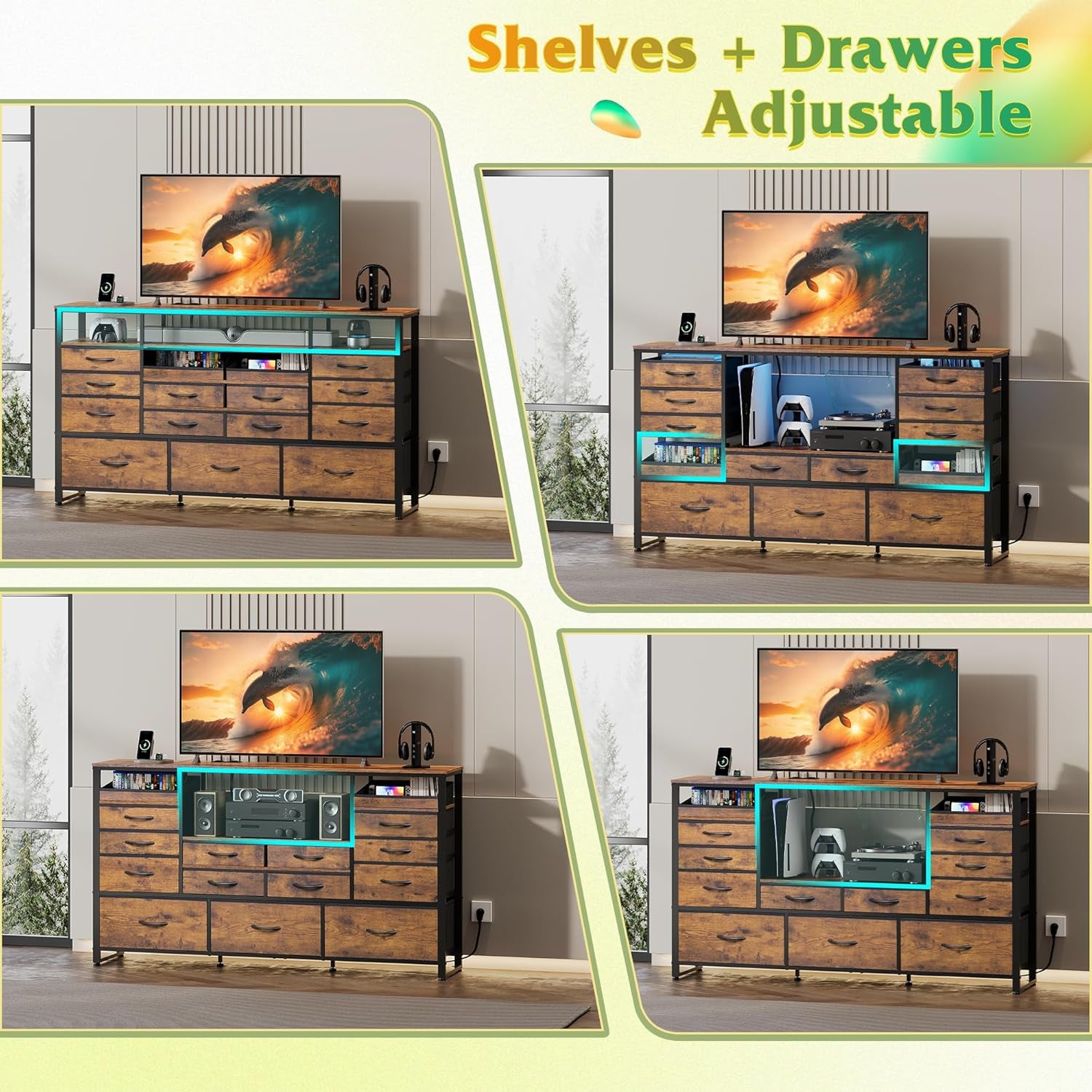 TV Stand for 55, 60, 65 Inch TV, Entertainment Center with LED Lights & Charging Station, TV Media Console Table with 15 Fabric Drawers and Open Shelves for Living Room, Hallway, Rustic Brown