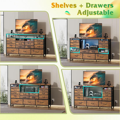 TV Stand for 55, 60, 65 Inch TV, Entertainment Center with LED Lights & Charging Station, TV Media Console Table with 15 Fabric Drawers and Open Shelves for Living Room, Hallway, Rustic Brown