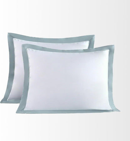 ® 100% Luxury Long-Staple Cotton Pillow Sham/Pillowcase, Set of 2, with Envelope Closure on the Back, White + Misty Blue, Queen Size