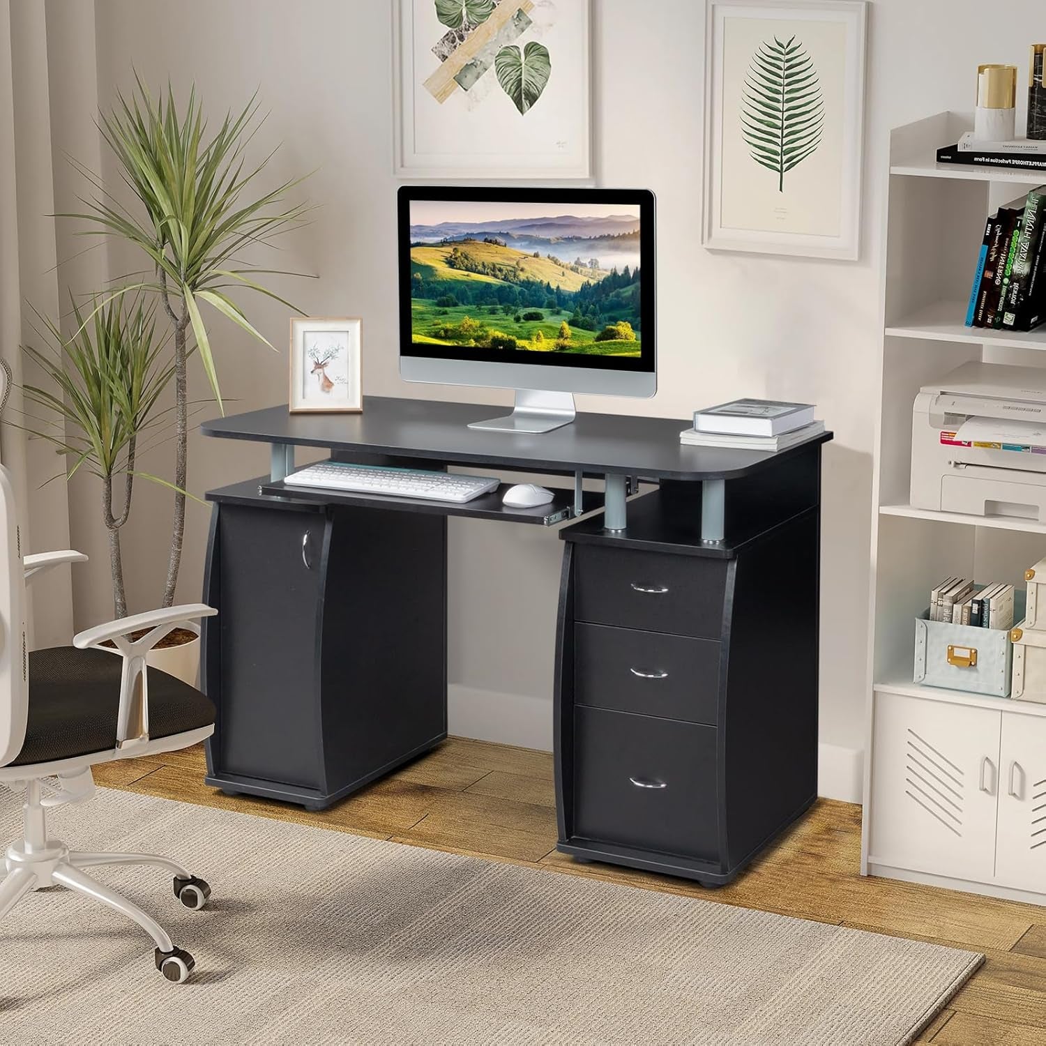 115 * 55 * 74Cm 15Mm MDF Computer Desk Black with 3Pcs Drawers and 1Pc Door Portable Home Office Writing Table for PC Laptop Study Workstation