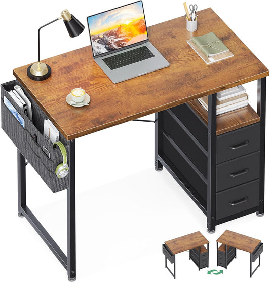32" Small Computer Desk with Fabric Drawers, Kids Girls Teen Study Writing Desk for Bedroom, Home Office Desk with Storage Shelf & Bag for Small Space, Vintage