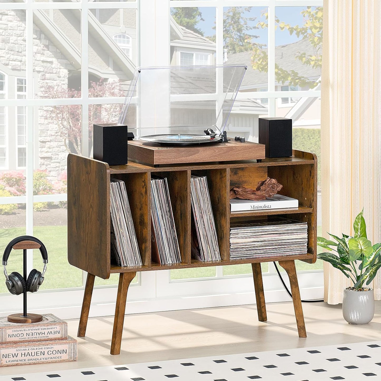 Record Player Stand with Charging Station Holds up to 220 Albums, Brown Turntable Stand with 4 Cabinet, Large Mid-Century Record Player Table,Vinyl Holder Storage for Bedroom Living Room