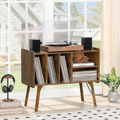 Record Player Stand with Charging Station Holds up to 220 Albums, Brown Turntable Stand with 4 Cabinet, Large Mid-Century Record Player Table,Vinyl Holder Storage for Bedroom Living Room