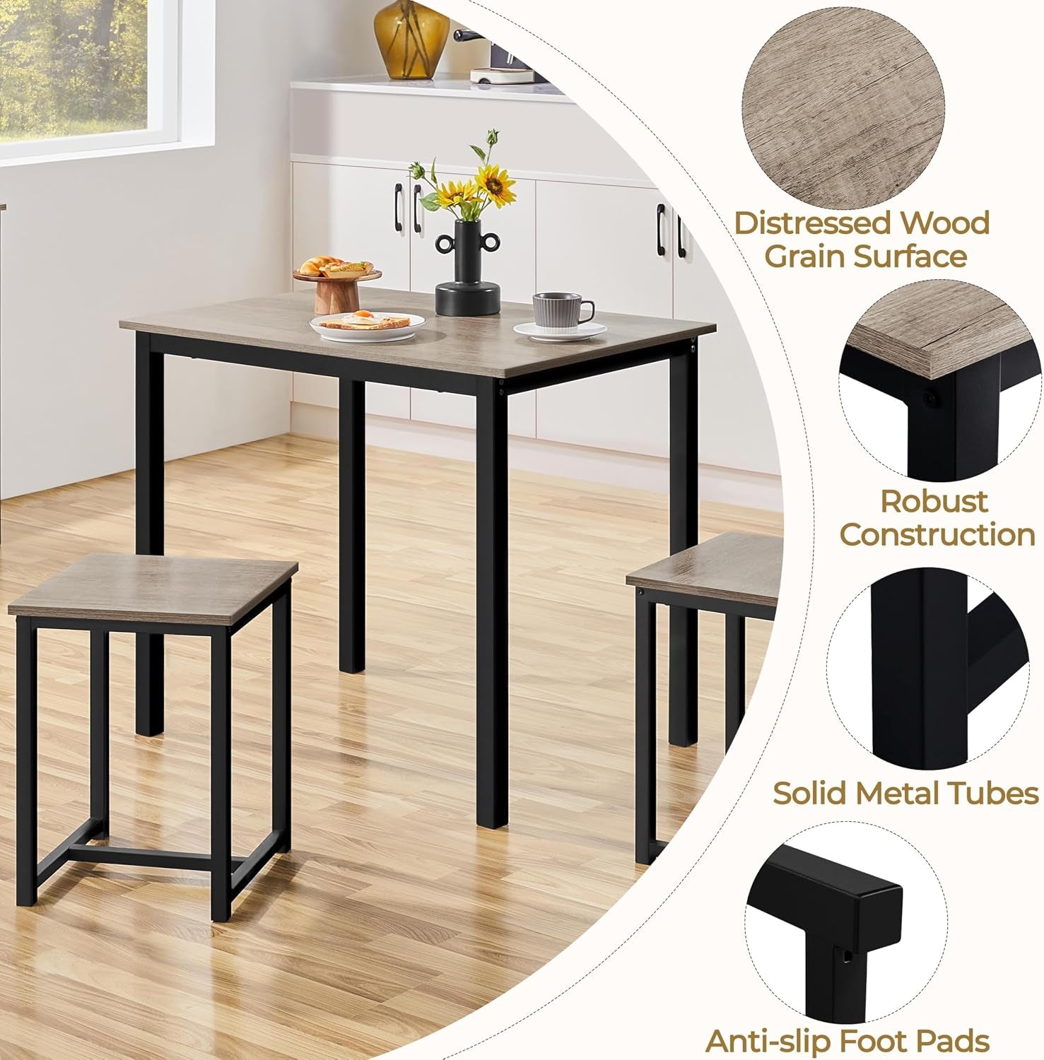 3 Piece Dining Table Set - Kitchen Table & Chair Sets for 2 - Compact Table W/ 2 Stools & Space Saving Design for Dining Room Living Room Kitchen, Gray