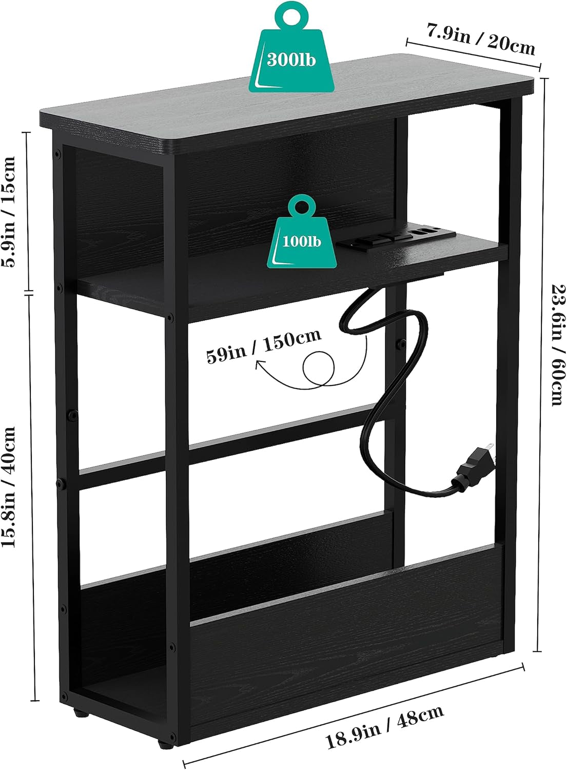 Narrow Side Table with Charging Station, 3 Tier Slim End Table for Small Spaces, 23.6 Inch Height Thin Tables with Storage Shelf and Magazine Rack for Living Room, Black