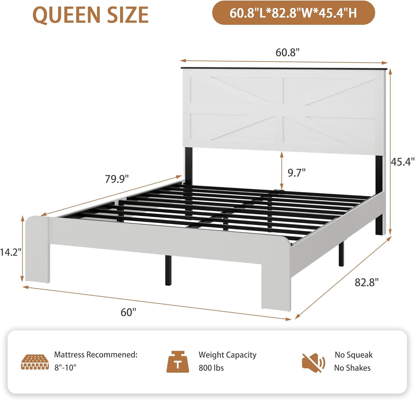 Queen Size Farmhouse Wooden Bed Frame with Headboard, Boho Platform Bedframe Sturdy Metal Slats Support, Spring Needed, Noisy Free, Easy Assembly (Queen, White)