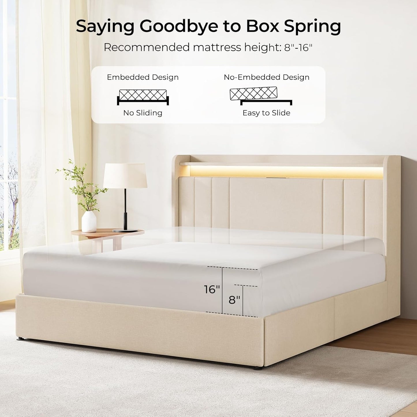 Queen Bed Frame with Storage, Tall Headboard Upholstered Platform Bed with 4 Dustproof Drawers, 2-Tier Storage Headboard Wingback, LED Light & Charging Station, 47''-51'' Height Adjust, Beige