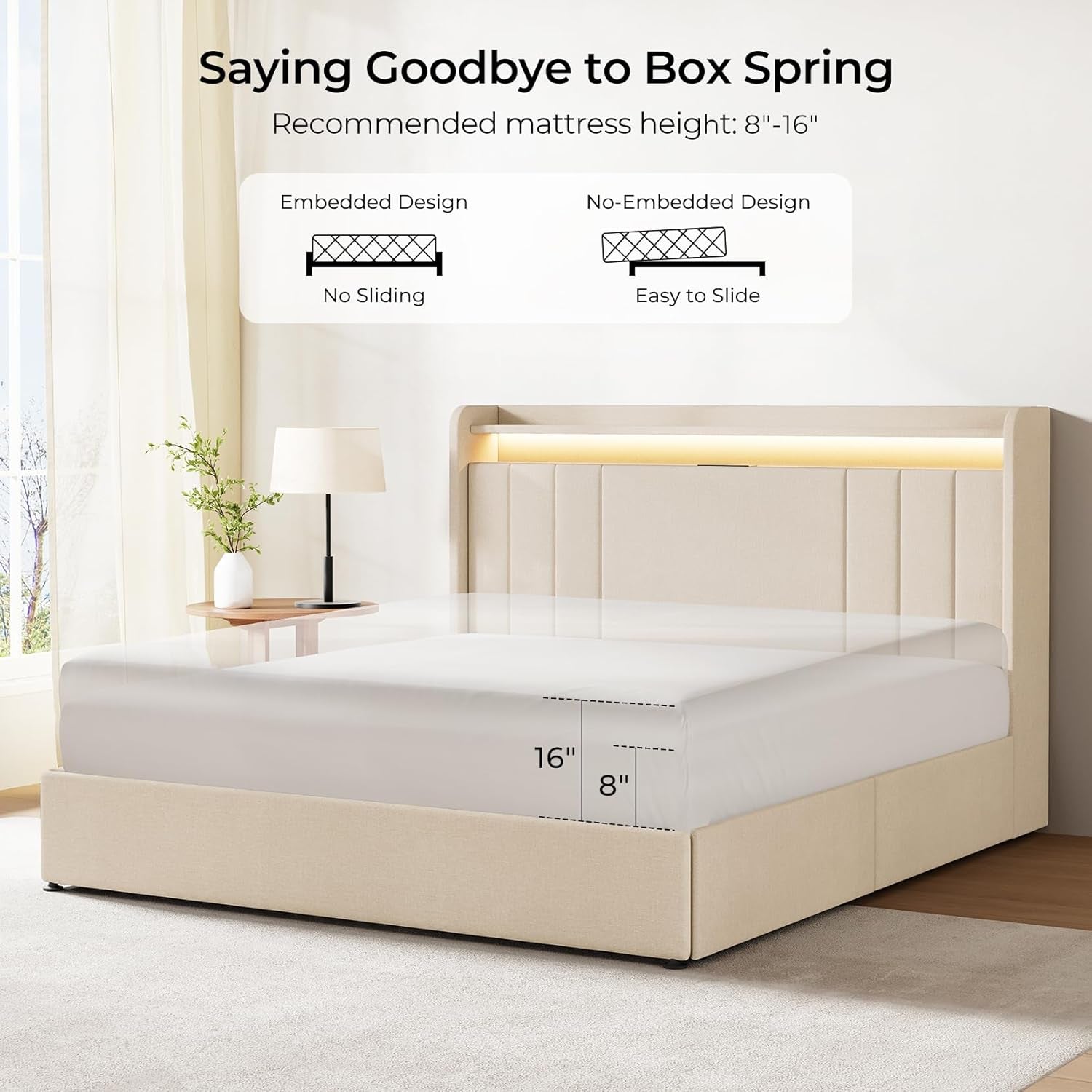 Queen Bed Frame with Storage, Tall Headboard Upholstered Platform Bed with 4 Dustproof Drawers, 2-Tier Storage Headboard Wingback, LED Light & Charging Station, 47''-51'' Height Adjust, Beige