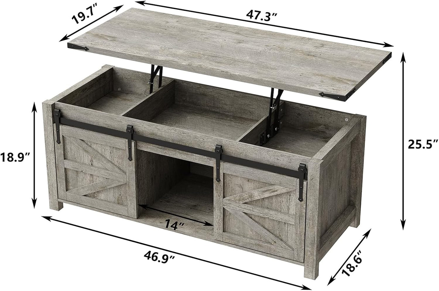 Lift Top Coffee Table, 47.3'' Farmhouse Coffee Table with Large Hidden Storage Compartment & Sliding Barn Doors, Wood Modern Rectangle Table for Home, Office, Rustic Grey