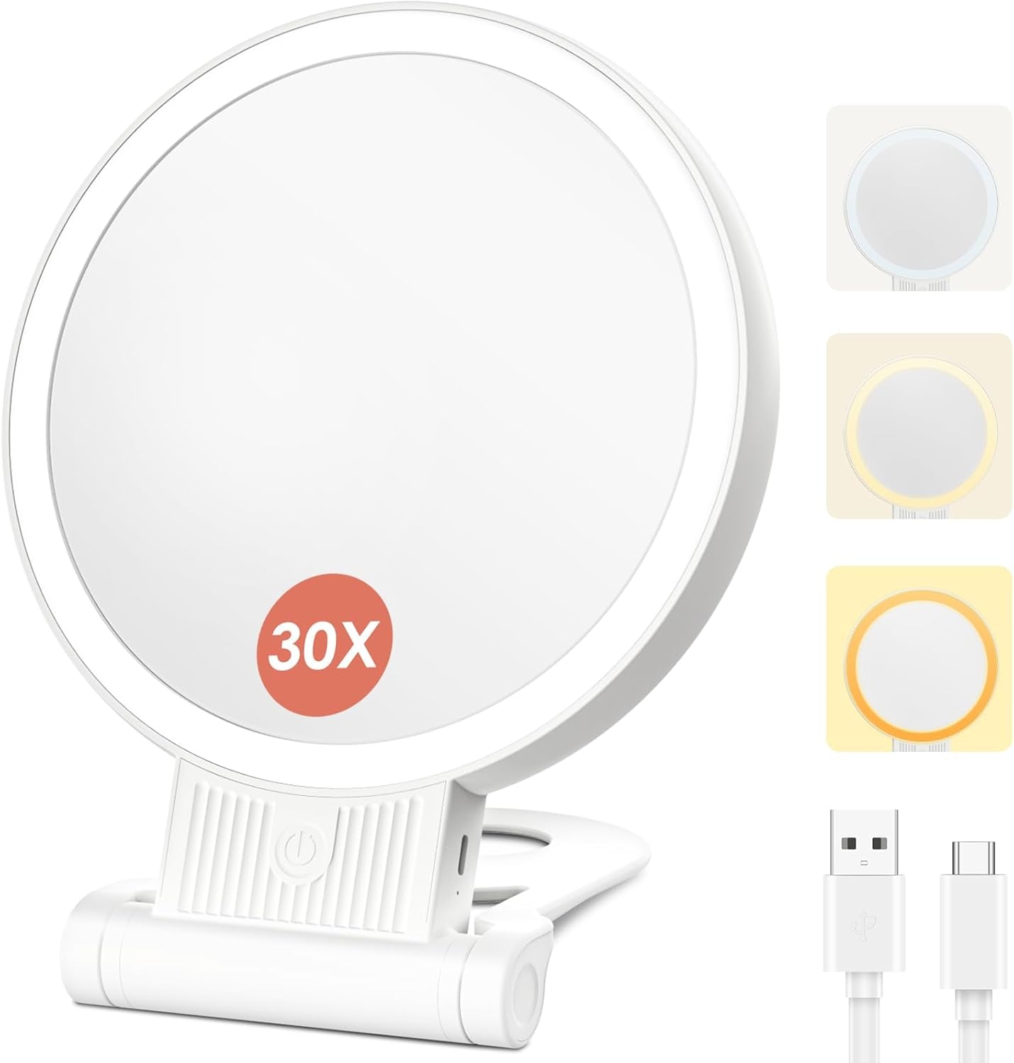 1X/30X Magnifying Mirror with Light and Adjustable Brightness, Makeup Mirror with 360° Rotation Adjustable Folding Handle, Portable Rechargeable Double Sided Mirrors, Foldable Vanity Mirror (White)