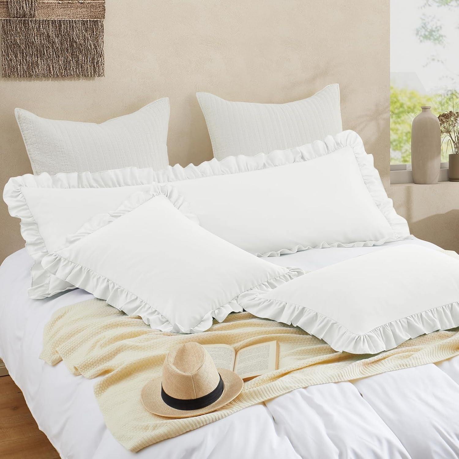 Ruffled Pillow Cases Set of 2, White King Pillow Shams Brushed Microfiber Edge Ruffled Soft Pillow Cover with Envelope Closure for Bedding Decor (20"X36")