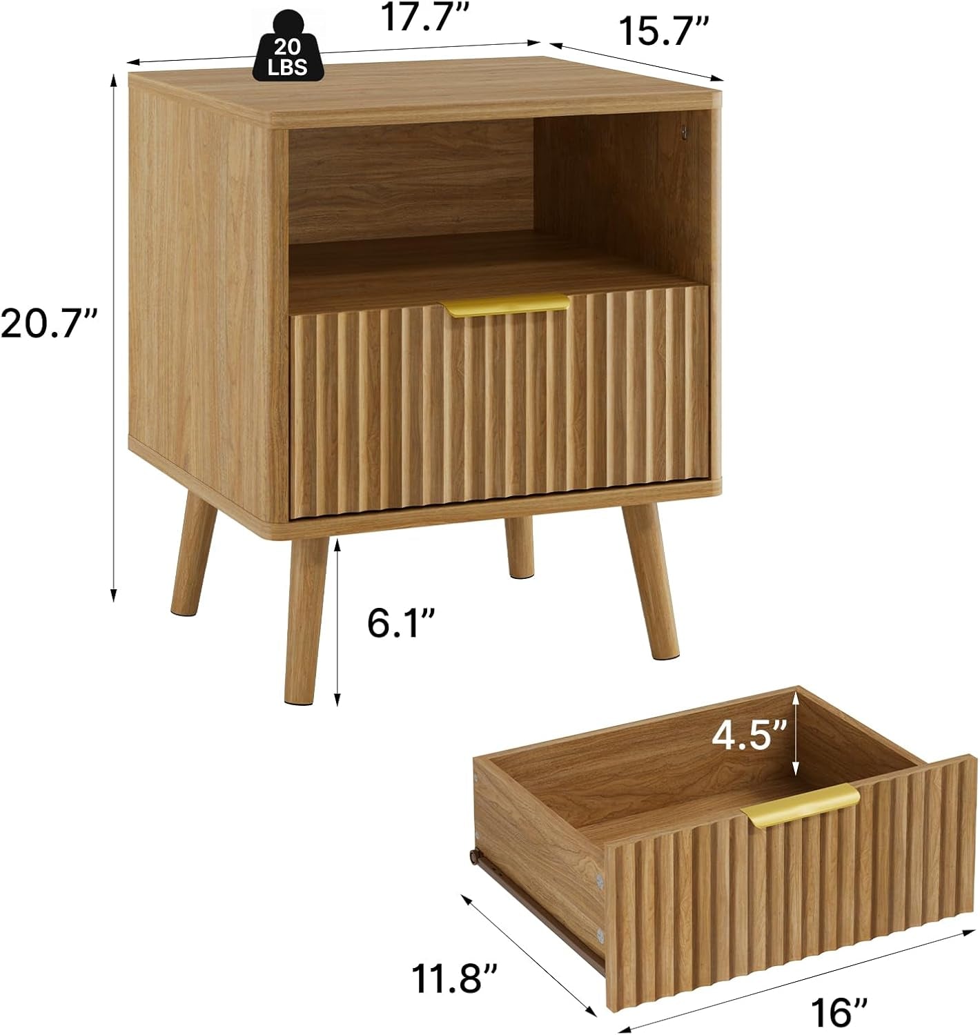 Fluted Dresser and Nightstand Set, 3 Pieces Bedroom Set, 55 Inch Wide 6-Drawer Dresser & 1-Drawer Nightstands Set of 2, Modern Dressers Set for Bedroom, Hallway, Natural Oak