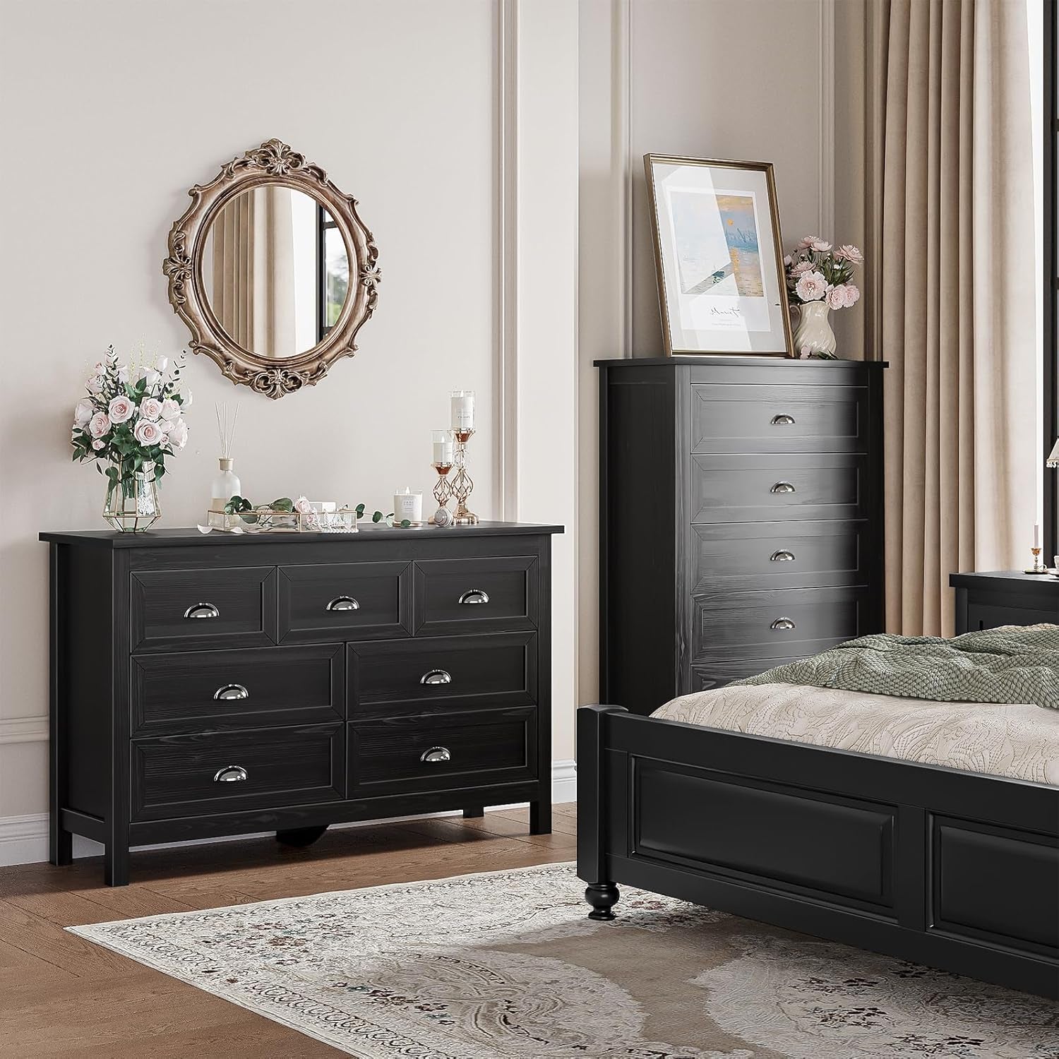 Farmhouse 2-Piece Bedroom Dresser Set, 7 Drawer Wide Dresser & 5 Drawer Tall Dressers, Distressed Wood Grain Finish with Shell Handles, Dressers Chest of Drawers for Bedroom