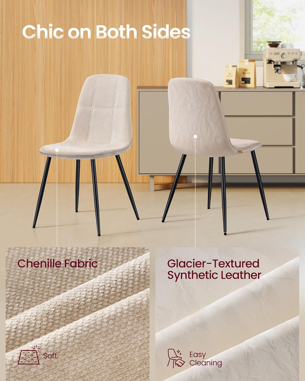 Dining Chairs, Set of 4 Dining Room Chairs, Metal Frame, Adjustable Feet, Easy to Clean, Chenille Fabric, Glacier-Textured Synthetic Leather, for Kitchen, Cream White UKDC188W01