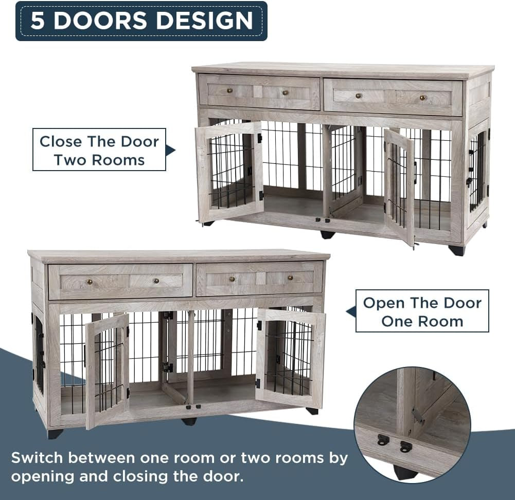 58" Dog Crate Furniture with 5 Doors & 2 Drawers, Wooden Indoor Pet House Kennel for 2 Dogs (Large/Medium Breeds), Openable Divider, Heavy Duty Double Dog Cage, TV Stand End Table,Grey