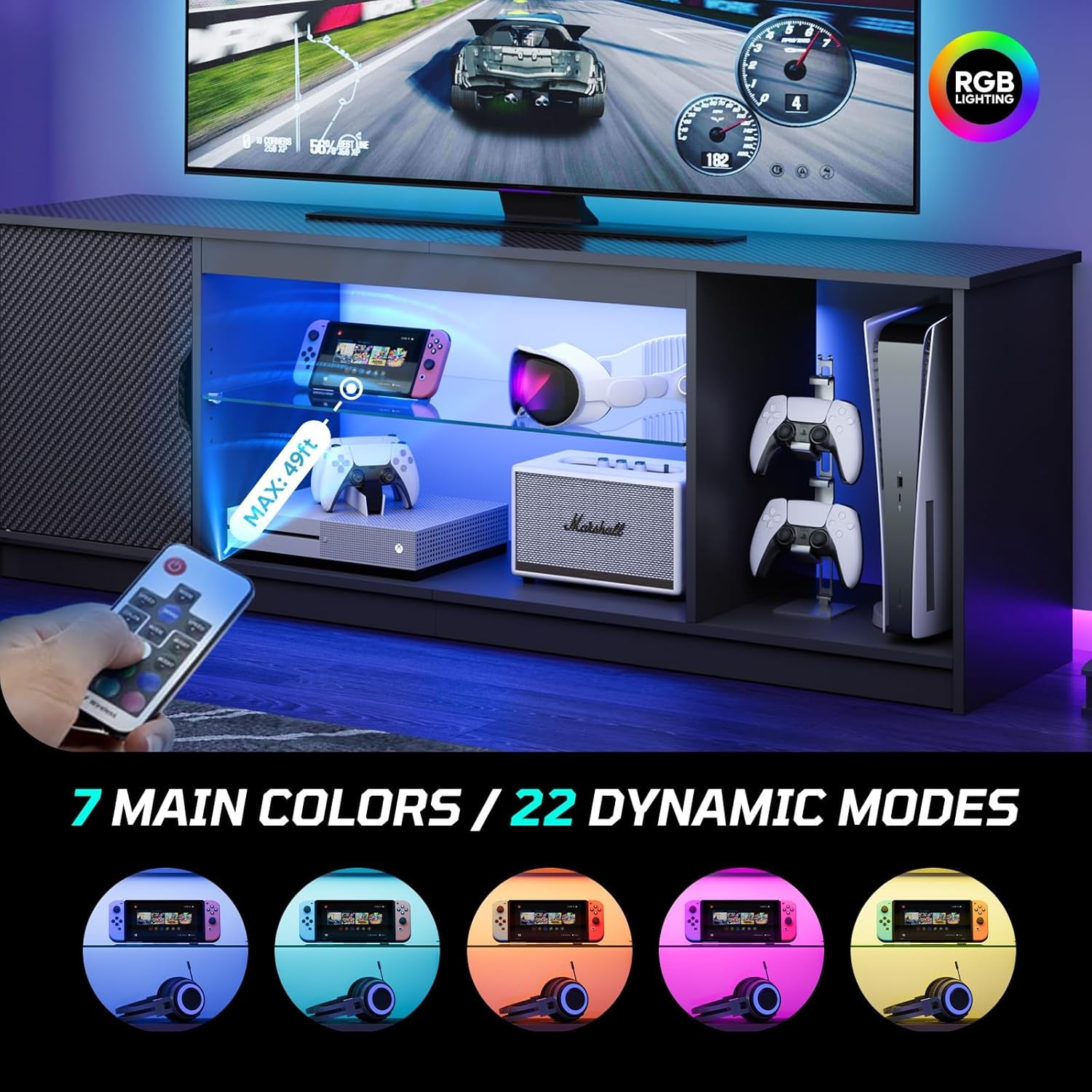 LED TV Stand for 55/60/65 Inch TV, Gaming Entertainment Center with Cabinet for PS5, Xbox,Modern TV Cabinet with Adjustable Glass Shelves for Living Room, Bedroom 57 Inch,Black