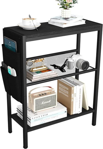 Small Narrow Side Table for Small Spaces, Slim End Table with Storage Bag, Sofa Snack Table with Adjustable Metal Mesh, 3 Tier Accent Skinny beside Table for Living Room & Bedroom, Black Oak