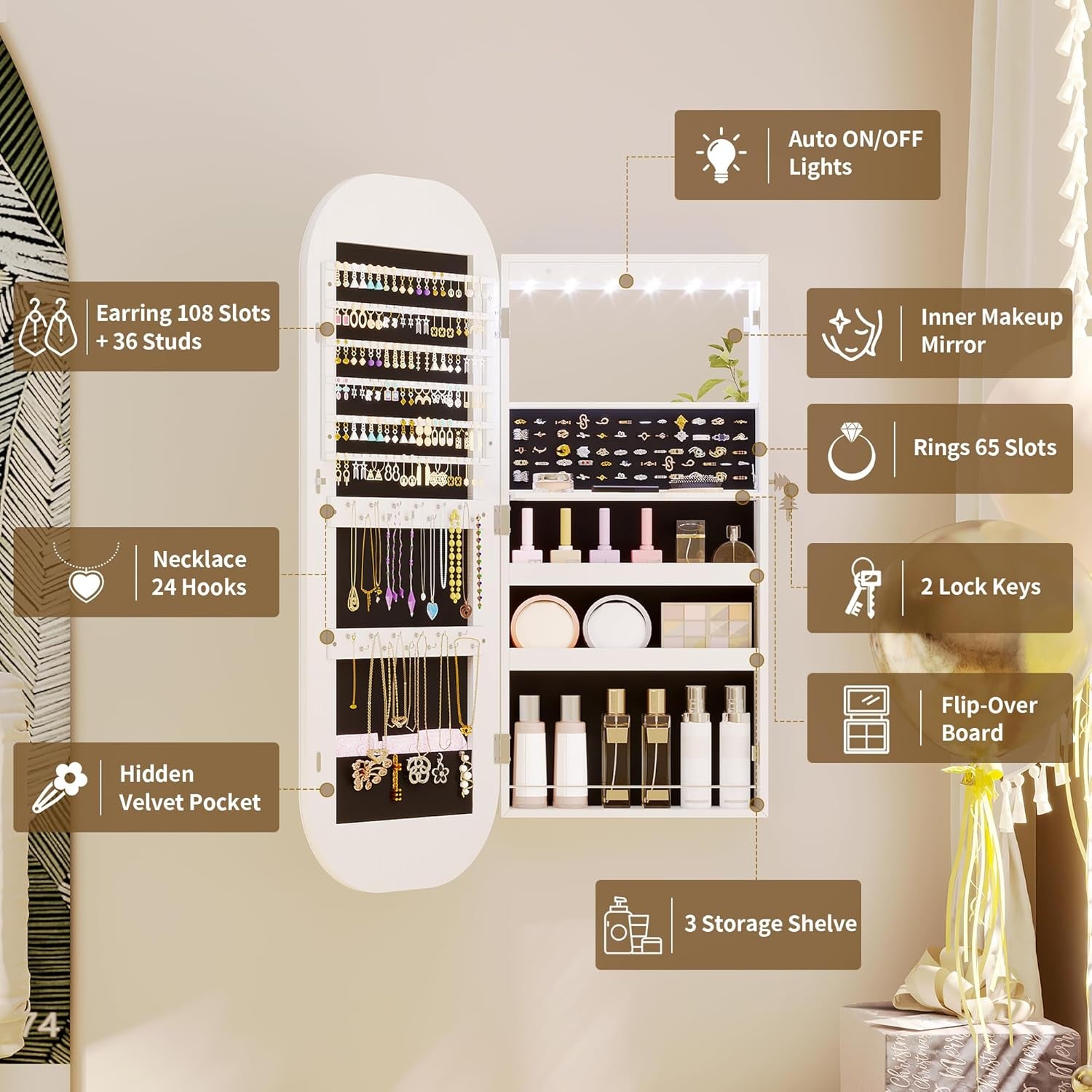 LED Lights Mirror Jewelry Cabinet, Wall Mount/Over the Door Jewelry Armoire Organizer, 42" Full Length Mirror with Storage, Built-In Makeup Mirror, Lockable Mirror Cabinet for Jewelry, White