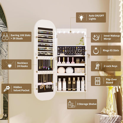 LED Lights Mirror Jewelry Cabinet, Wall Mount/Over the Door Jewelry Armoire Organizer, 42" Full Length Mirror with Storage, Built-In Makeup Mirror, Lockable Mirror Cabinet for Jewelry, White