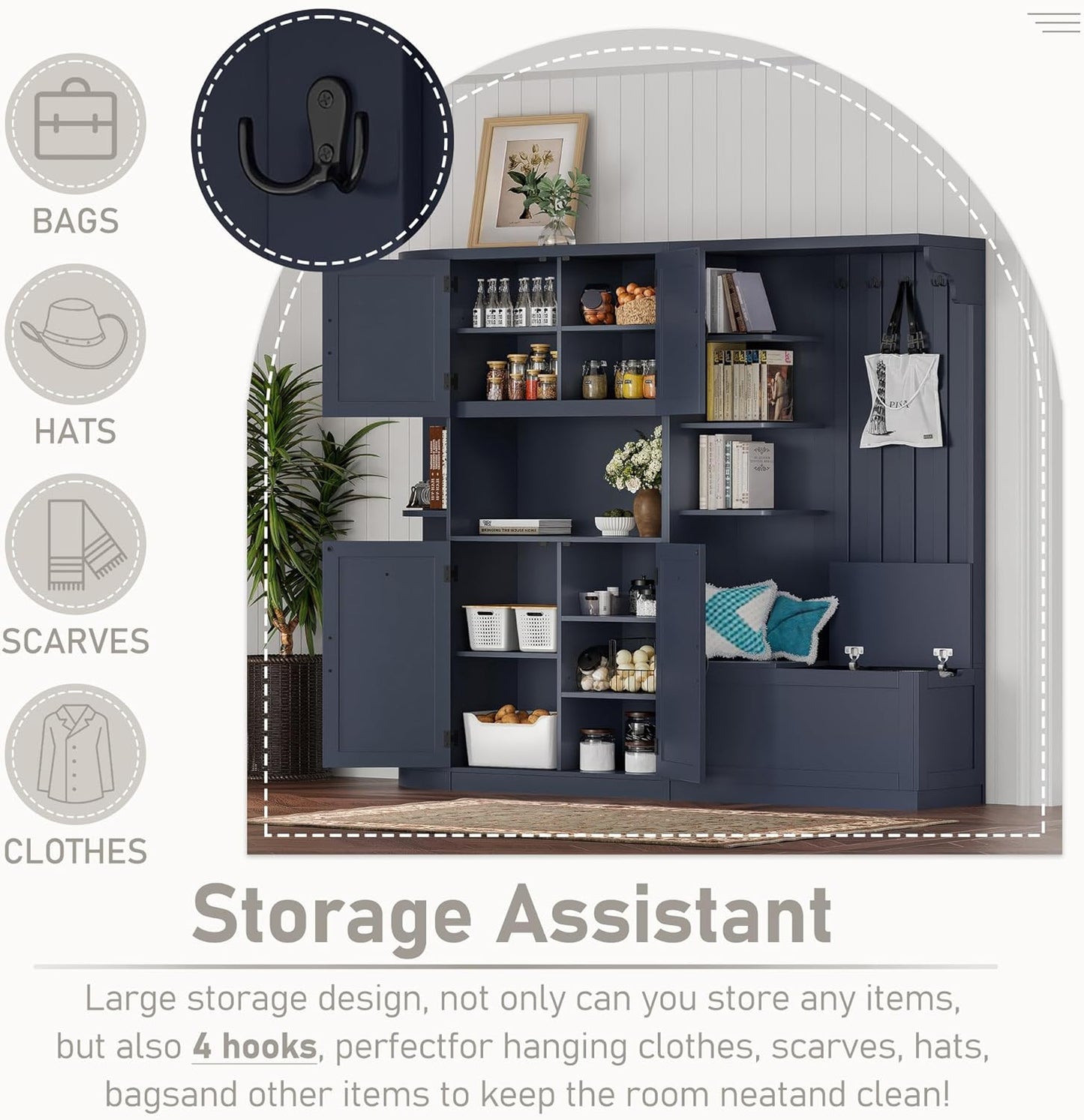 Hall Tree with Storage Cabinet, Hall Tree with 4 Hooks, Storage Cabinet for Living Room, Hallway, Enterway, Antique Blue