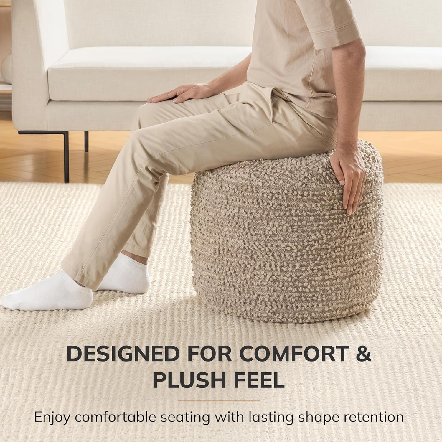 Artisan Crafted Cotton Blend Pouf Ottoman | Versatile Floor Seating & Footstool for Living Room | Modern Boho Home Décor Accent | Filled Pouffe