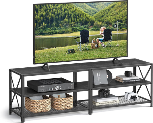 TV Stand, TV Console for Tvs up to 70 Inches, TV Table, 63 Inches Width, TV Cabinet with Storage Shelves, Steel Frame, for Living Room, Bedroom, Black with Wood Grain ULTV095B22