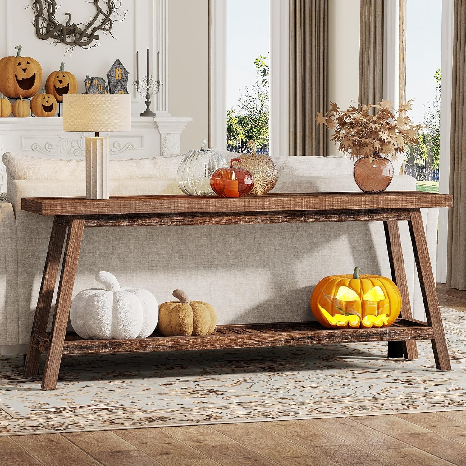 70.86-Inch Console Table for Entyrway, Farmhouse 2-Tier Entry Entrance Table, Narrow Long Sofa Table behind Couch, Rustic Brown