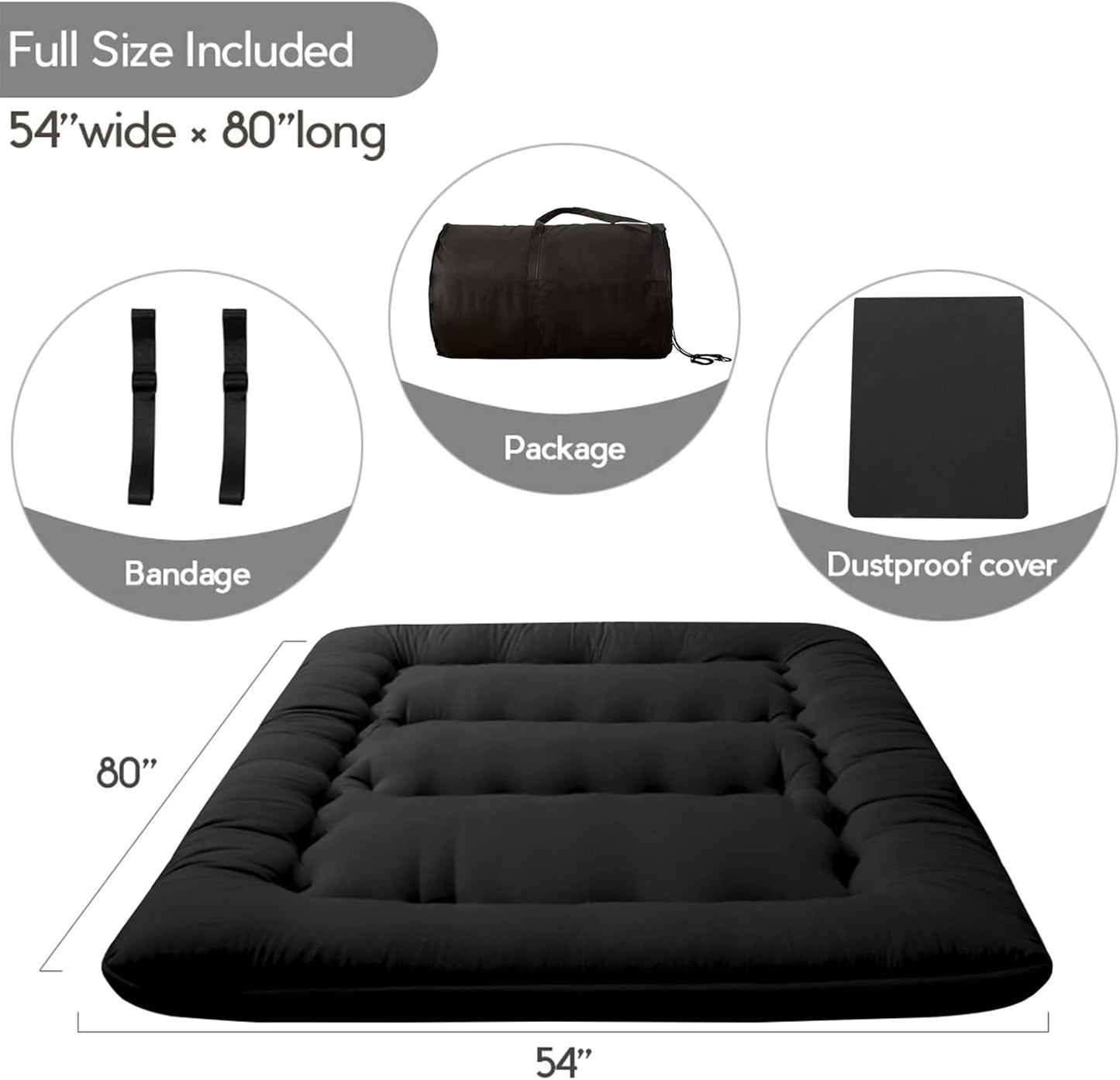 Japanese Floor Mattress Futon Mattress, 4" Thicken Tatami Mat Sleeping Pad Foldable Roll up Mat Boys Girls Dormitory Pad Kids Floor Lounger Pillow Bed, Black, Full
