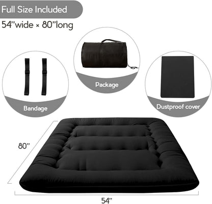 Japanese Floor Mattress Futon Mattress, 4" Thicken Tatami Mat Sleeping Pad Foldable Roll up Mat Boys Girls Dormitory Pad Kids Floor Lounger Pillow Bed, Black, Full